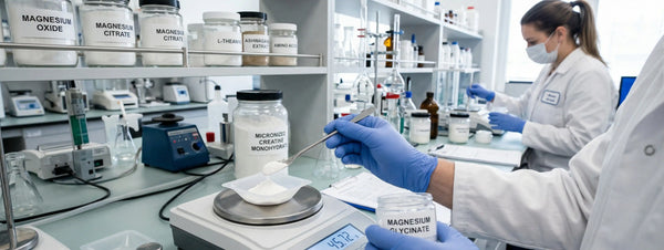Inside the Somnii research lab: Scientists meticulously weighing high-purity ingredients like Magnesium Glycinate and Micronized Creatine Monohydrate to ensure precise dosing and safety for mothers.