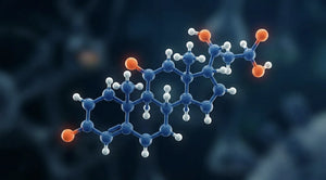 3D molecular model of a cortisol hormone on a dark background, illustrating the stress hormone that Somnii supplements help manage in mothers.
