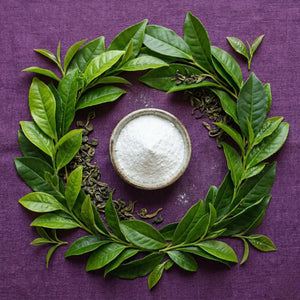 Pure white L-theanine powder in a small bowl, centered within a wreath of fresh green tea leaves and dried tea on a purple background.