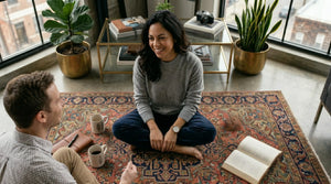 Capturing a moment of mental clarity and emotional connection, showcasing the 'Somnii mood' of calm and presence during daily conversation.