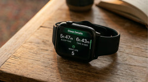 A smartwatch on a wooden nightstand displaying poor sleep quality data (5 hours and 47 minutes of sleep time with 5 wake-ups) representing the sleep deprived nights that mothers have and that Somnii helps overcome.