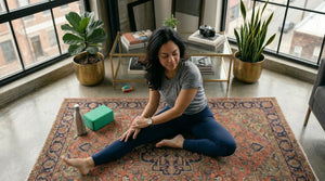 A mom stretching on a rug in a bright living room, practicing a post-workout recovery routine to showcase that regardless of what you do your body needs energy (ATP) and Somnii's creatine can help with that.