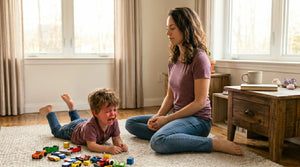 A mother practicing calm and patience while her young child has a tantrum on the floor, illustrating the real-life stress management supported by Somnii wellness products.