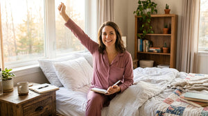 A happy woman waking up energized in bed, holding a journal and stretching, illustrating the morning energy and improved sleep quality supported by Somnii wellness supplements.