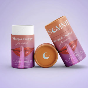 Somnii Sleep & Energy for moms supplement canisters showing 5g Creatine, 200mg Magnesium, and 100mg L-Theanine per serving in Lemon Ginger flavor.