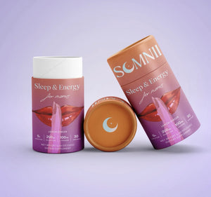 Somnii Sleep & Energy for moms supplement canisters showing 5g Creatine, 200mg Magnesium, and 100mg L-Theanine per serving in Lemon Ginger flavor.