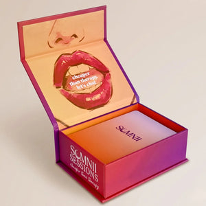 Open Somnii Sessions box revealing an interior illustration of a mouth with the text 'cheaper than therapy. let’s chat' and a stack of conversation cards inside.