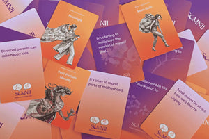 A spread of Somnii Sessions prompt cards and POV cards featuring topics for mothers including Mom Guilt, Post-Partum Identity, Nostalgia, and Motherhood regrets.