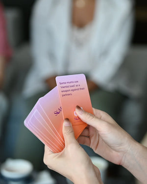Close-up of a Somnii Sessions prompt card discussing the 'mental load' of motherhood, designed to spark radical honesty.