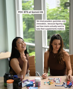 Behind-the-scenes at Somnii's HQ showing the product testing phase, where the team is sampling powders and gummies to create the most mom-friendly supplement format.