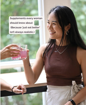 Two moms clinking glasses of Somnii Sleep & Energy supplement drink with a text overlay about realistic supplement routines for moms.